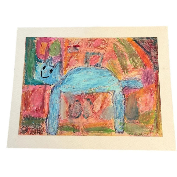 Outsider Art Pastel Cat Picture Matted - Picture 1 of 6